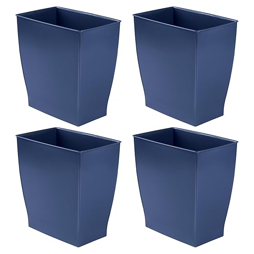 iDesign Small Plastic Bathroom Trash Can, Slim Rectangle Garbage Bin for Bedroom, Office, Dorm, 4-Pack, Navy Blue