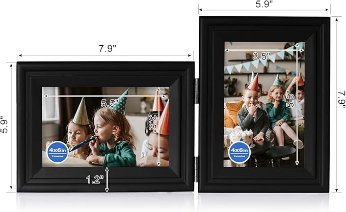 4x6 Double Hinged Picture Frame Folding Photo Frame Horizontal and Vertical in Black Pine Wood with Real Glass for Tabletop X2-HEI-HS46