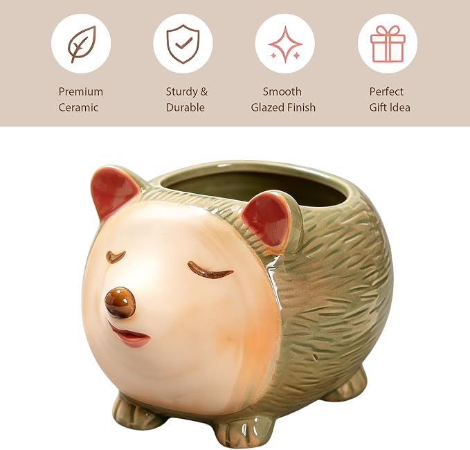 Ceramic Hedgehog Shaped Pen Pencil Holder for Desk Decoration Accessories Hedgehog Decor Makeup Brush Pen Cups Succulent Plant Pot Office School Ideal Gifts for Women, Mom or Birthdays