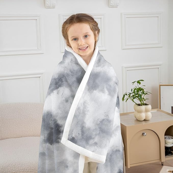Feelyou Gray Fleece Throw Blanket Queen 90"x90" Kids Tie Dye Watercolor Sherpa Blanket Plush Fuzzy for Bed Couch Chair Living Room, Dreamy Girly Bed Blanket Room Decor