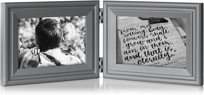 4x6 Double Horizontal Hinged Picture Frame Folding Photo Frame in Gray Pine Wood with Real Glass for Tabletop X2-HUI-2H46