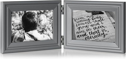 4x6 Double Horizontal Hinged Picture Frame Folding Photo Frame in Gray Pine Wood with Real Glass for Tabletop X2-HUI-2H46