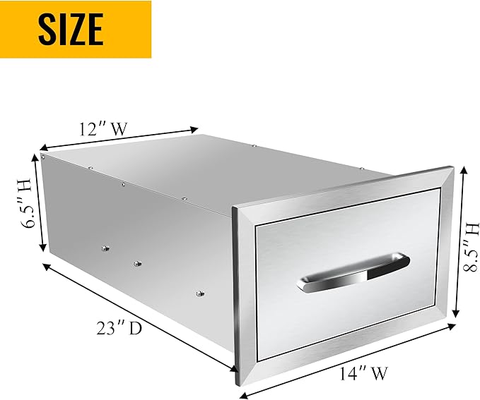 Outdoor Kitchen Drawers Stainless Steel 14W X 8.5H X 23D Inch, Flush Mount Single BBQ Island Drawers with Handle for Outdoor Kitchens, Patio or Grill Station