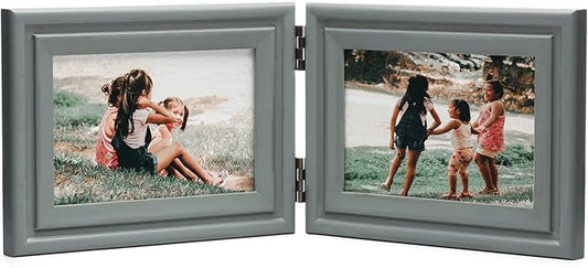 Horizontal 4X6 Picture Frames Double Hinged Wood Folding Photo Frames with Real Glass Front Fit for Desktop or Tabletop, Gray XHUI-H64X2
