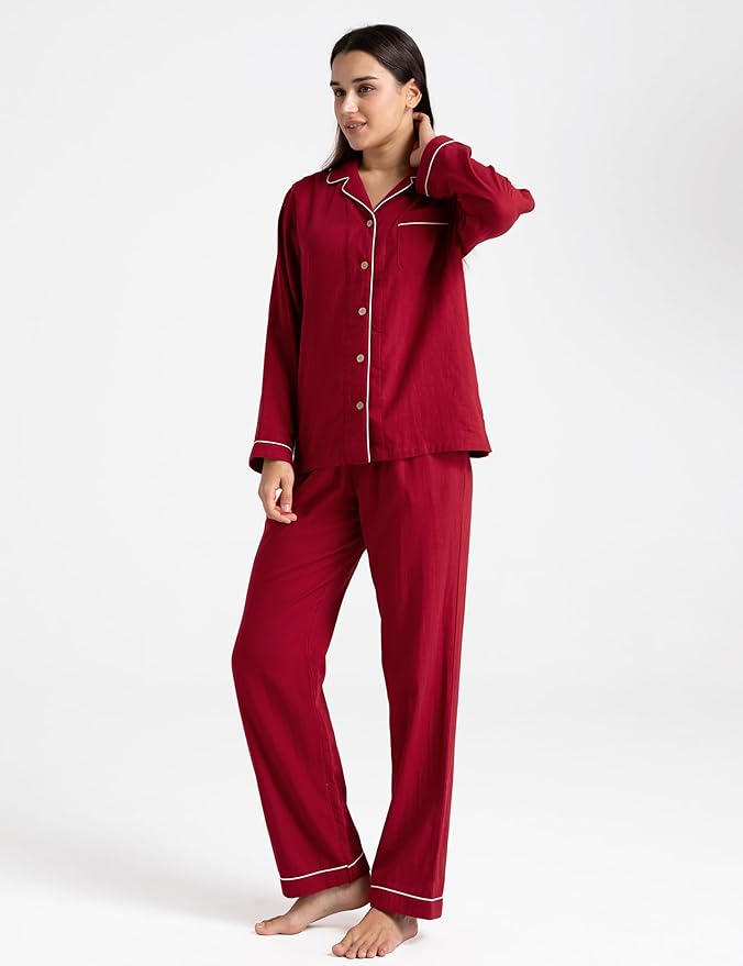 Womens Pajama Sets 100% Double Gauze Cotton Linen Like Muslin Pajamas Long Sleeve Button Down Sleepwear Soft Pjs Lounge Set