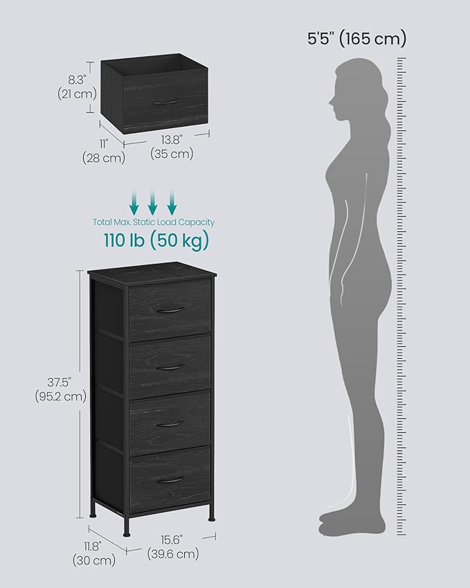 SONGMICS BELLAH Collection - Dresser for Bedroom, Chest of Drawers, Storage Organizer Unit, Closet, Entryway, Steel, 4 Drawers, Modern, Ebony Black ULGS314BE02S