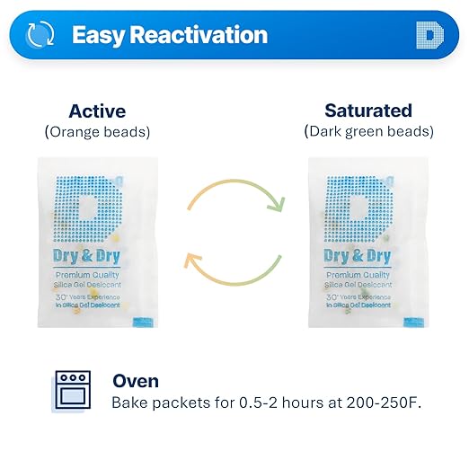 Dry & Dry Orange Indicating Silica Gel Packets Desiccants - Food Safe Silica Gel Packets, Desiccant Packs for Food Storage - Orange - 50 Packets (5 Gram)