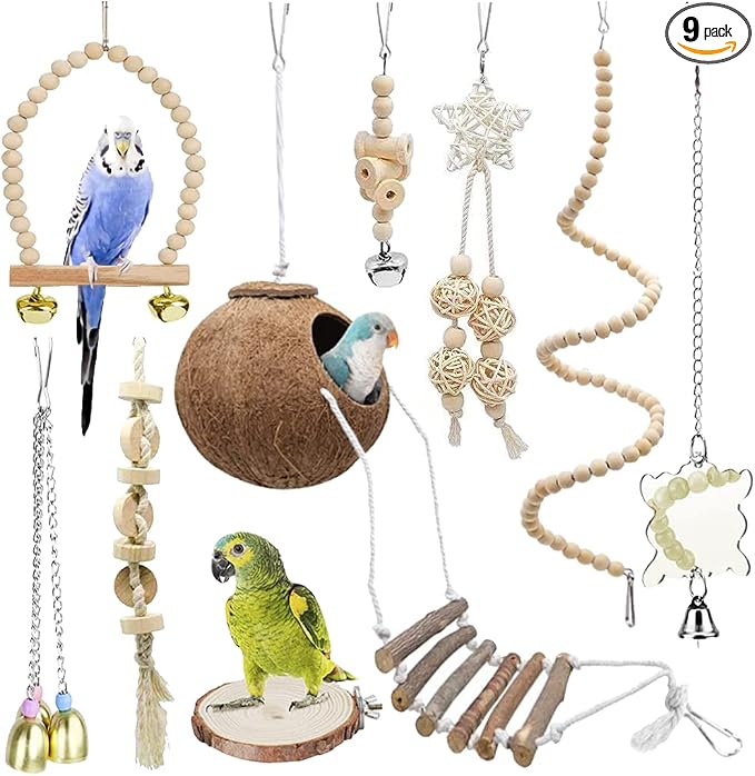 9-Piece Parakeet Toys & Budgie Toys, Bird Cage Accessories Set | Natural wood bird toys include coconut hideaway, swing, ladder, perch, mirror and hanging toys for budgies & cockatiels