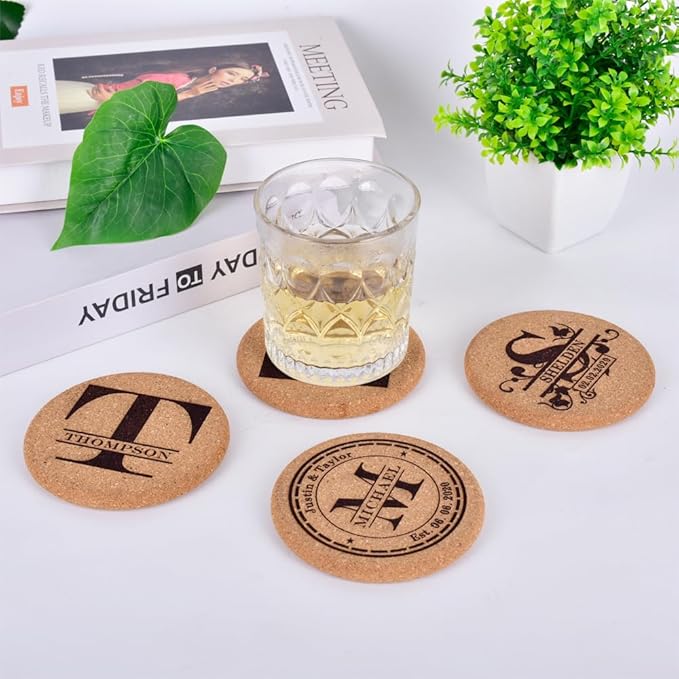 Personalized Cork Coasters for Drinks, Custom Engraved Absorbent Heat & Water Resistant Coasters for Cups and Mugs (W)