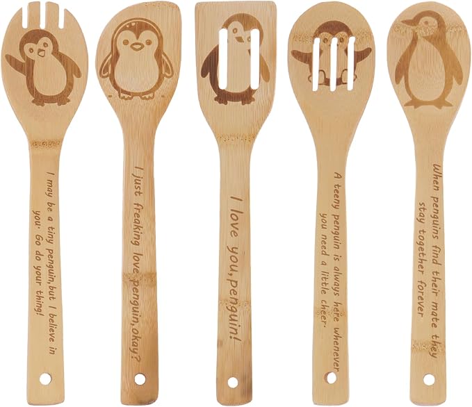 5PCS Penguin Wooden Cooking Spoons Set Bamboo Cooking Spoons | Penguin Kitchen Decor Housewarming Wedding Anniversary Thanksgiving Christmas for Mom Women Animal Lovers