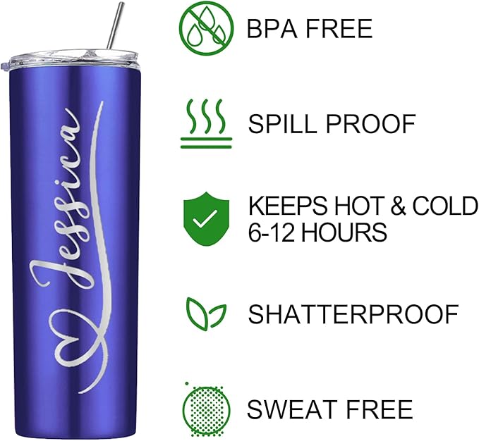 Personalized Skinny Tumbler with Lid and Straw Custom Engraved Insulated Stainless Steel Cup with Name Text Customized Gifts for Women Men Him Her Dad Mom 20oz