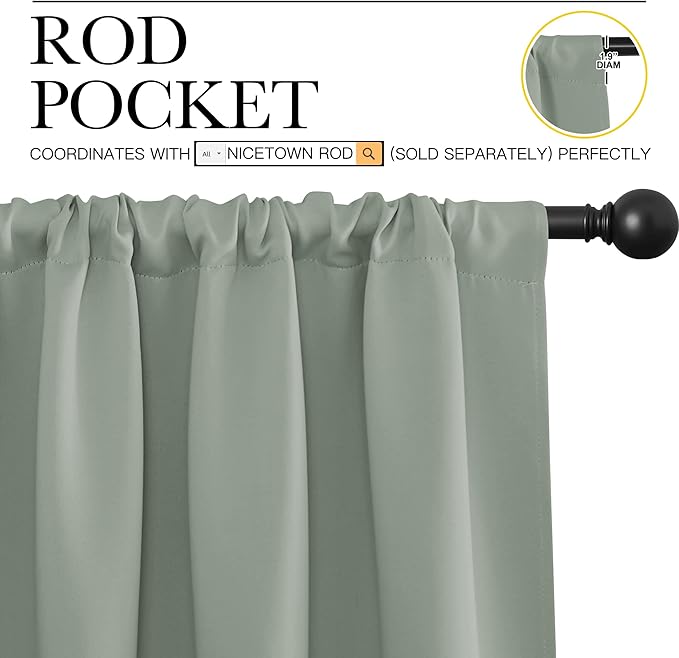NICETOWN Living Room Curtains, Blackout Draperies, Greyish Green, 1 Pair, 70 x 84-inch, Home Decorations Thermal Insulated Solid Rod Pocket Blackout Drapes for Cafe