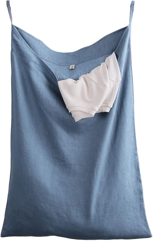 Amazhiyu Pure Linen Over The Door Laundry Hanging Hamper Bag for Holding Dirty Clothes and Saving Space Light Navy
