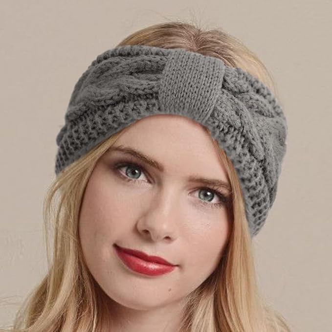 AQOKKA Knit Winter Headbands for Women Fuzzy Wool Fleece Lined Ear Warmers Elastic Turban Crocheted Head Wrap Winter Accessories for Women Cold Weather