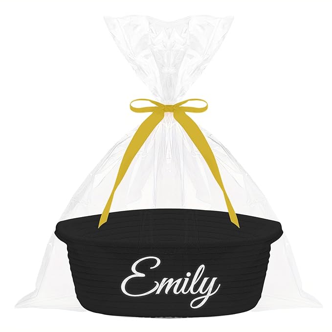 HUTARIO Personalized Woven Christmas Burr Basket Embroidered Name with Gift Bags and Ribbons,Empty Small Rope Basket，Durable Storage Custom Black Basket with Handles for Baby Showers,12"×8"×5"