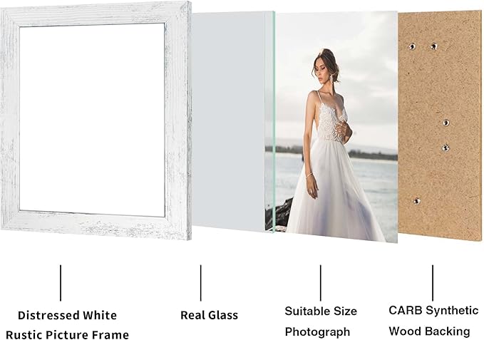 iRahmen 8x10 Picture Frame Set of 4, High Definition Glass Distressed White Frame, 8 x 10 Wood Photo Frames for Tabletop Display and Wall Mounting