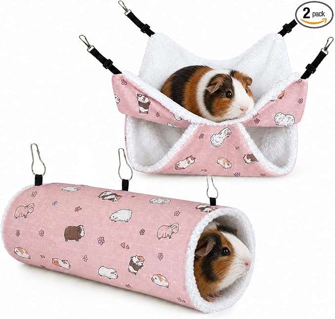 Small Pet Hammock & Tunnel Set for Ferrets, Guinea Pigs, Rats - Plush Hideout Bed & Cage Toy, 2-Pack, Pink Guinea Pig Print