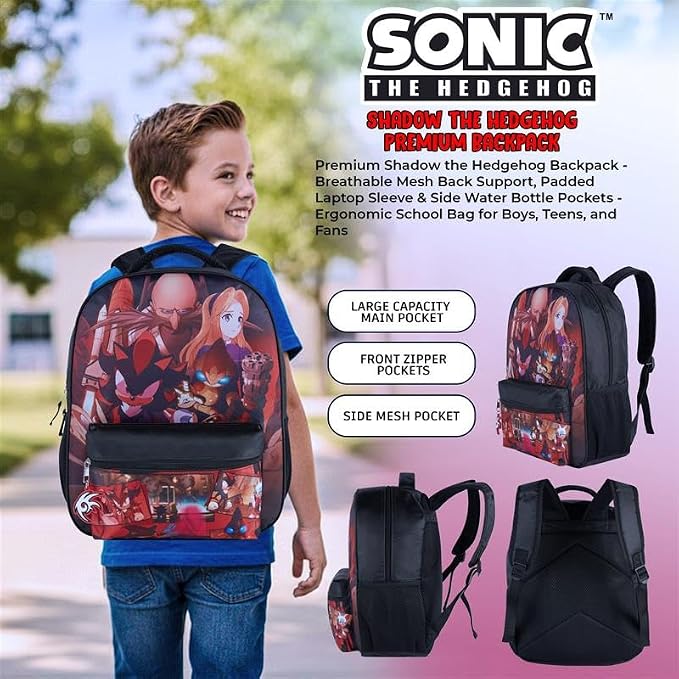 AI ACCESSORY INNOVATIONS Sonic X Shadow Generations Dark Beginnings Backpack for Girls & Boys, 16" Black Bookbag with Molded Shadow Dangle, Sublimation Print