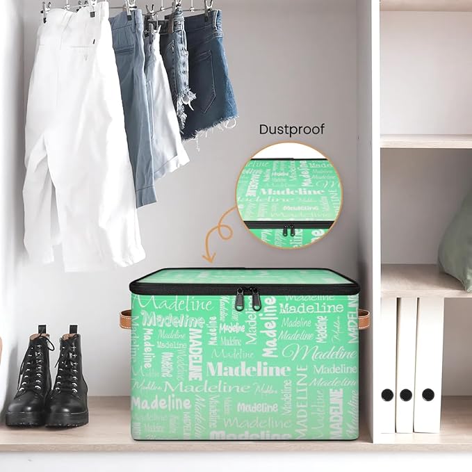 Custom Storage Basket with Name, Personalized Keepsake Box with Zipper Lid, Foldable Fabric Memory Bin Large capacity with Handle Green Gradient