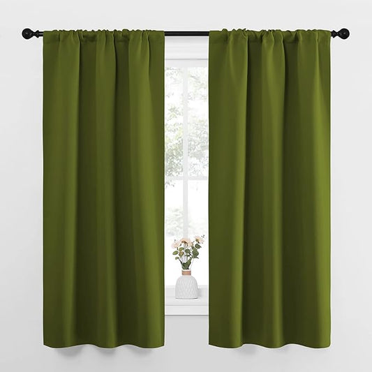 NICETOWN Bedroom Curtains Draperies with Rod Pocket, Nursery Essential Thermal Insulated Blackout Curtain Panels for Small Window (Olive Green, 1 Pair, 34 x 63)
