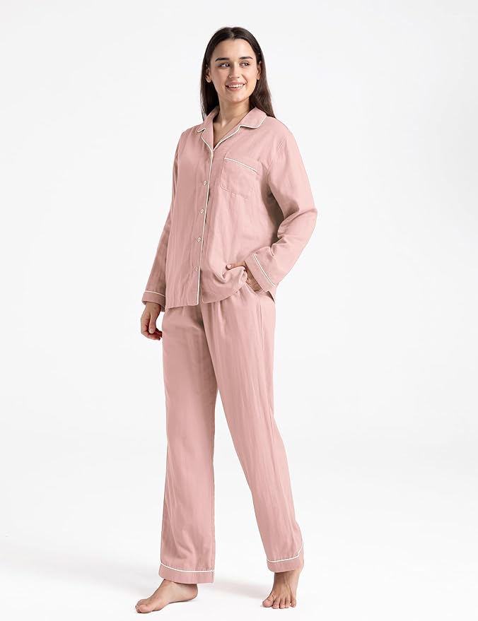 Womens Pajama Sets 100% Double Gauze Cotton Linen Like Muslin Pajamas Long Sleeve Button Down Sleepwear Soft Pjs Lounge Set