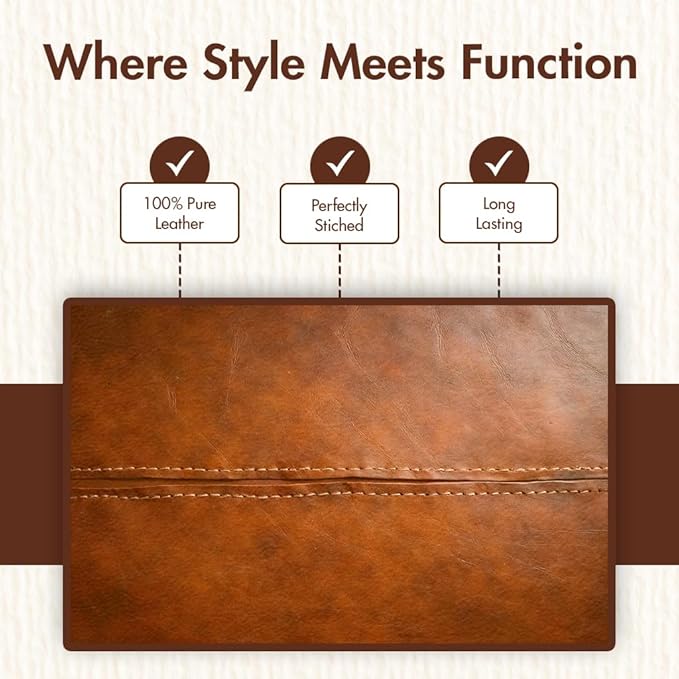 Stitched Round Leather Tray with Leather Handle Ideal for Serving Coffee Drinks Ottoman Tray for Office Home Kitchen Snack Counter Centerpiece Storage (Light Brown (16 x 16 Inch)