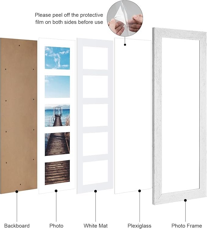 8x24 Picture Frame Display 5 opening 4X6 Picture Frame Collage,Multi Photo Frame with Mat,Plexiglass,Wall or Tabletop Decor,Distressed White Wood Grain
