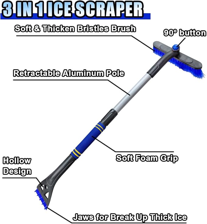 31.5" Detachable Snow Brush and Ice Scraper for Car Windshield, 2-in-1 Winter Snow Removal Tool with Extendable, 360° Rotating Soft Bristle Brush Head and Foam Grip for Most Vehicles (Blue)