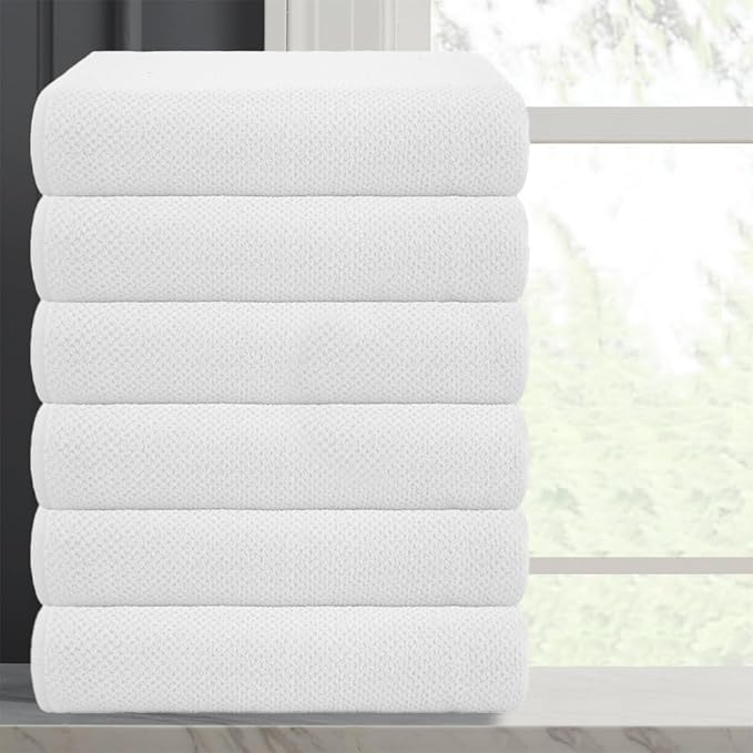 CASA COPENHAGEN Popcorn Textured 6 Pieces Small Bath Towel Set - White, 24" x 48", 550 GSM 6 Bath Towel Rough & Tough Use Cotton Towels Gift Set for Bathroom