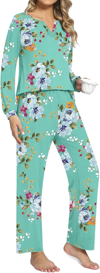 Anyally Women's Plus Size Pajama Sets Ladies Fall Pjs 2 Pieces Lounge Outfits V Neck Long Sleeves Sleepwear with Pockets