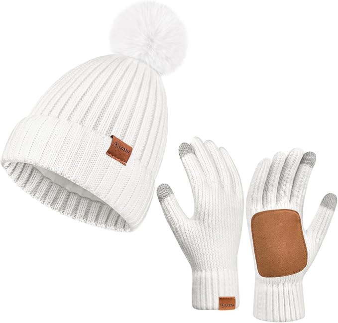 Womens Winter Beanie Hat Gloves Set,Fleece Lined Warm Knit Pom Pom Ski Hat Touchscreen Gloves Set Gifts for Cold Weather
