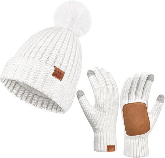 Womens Winter Beanie Hat Gloves Set,Fleece Lined Warm Knit Pom Pom Ski Hat Touchscreen Gloves Set Gifts for Cold Weather