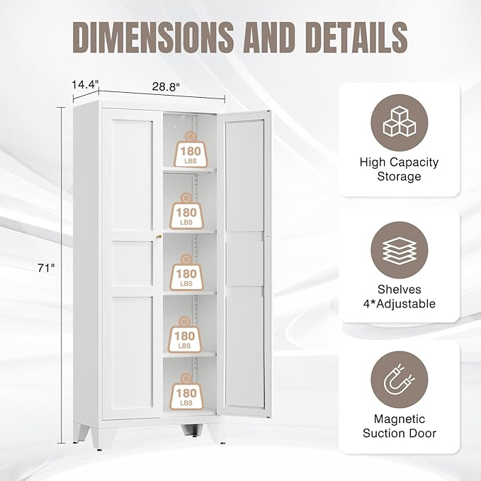 Yizosh Metal Storage Cabinet with 2 Doors and 4 Adjustable Shelves - 71" White Kitchen Pantry Storage 4-Tier Tall Steel Cabinets Locker for Kitchen, Living Room, Dining Room