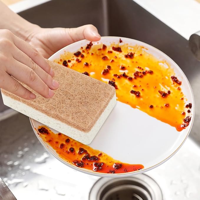 12pcs Natural Sponges for Dishes, Biodegradable Compostable Cellulose and Coconut Scrubber Sponge, Non-Scratch Reusable Cleaning Sponge for Removing Dirt and Oil in The Kitchen(Brown+White)