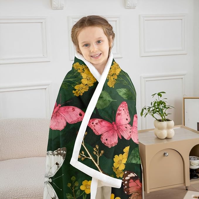 Feelyou Girls Butterfly Fleece Throw Blanket Queen 90"x90" Kids Botanical Leaves Sherpa Blanket Plush Fuzzy for Bed Couch Chair Living Room, Beautiful Flower Bed Blanket Green Room Decor
