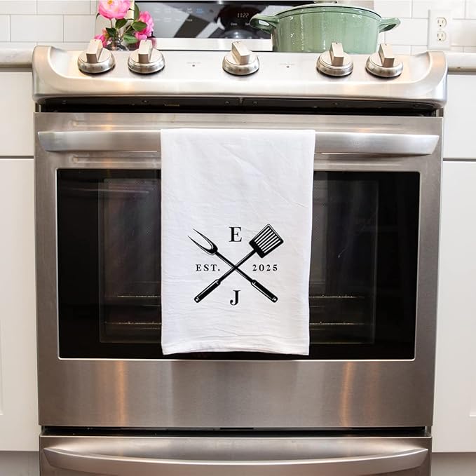 Andaz Press Personalized Flour Sack Tea Towel, Couples Monogram Initials Custom Kitchen Towel, Wedding & Housewarming Gift, Bridal Shower Farmhouse BBQ Hand Towel