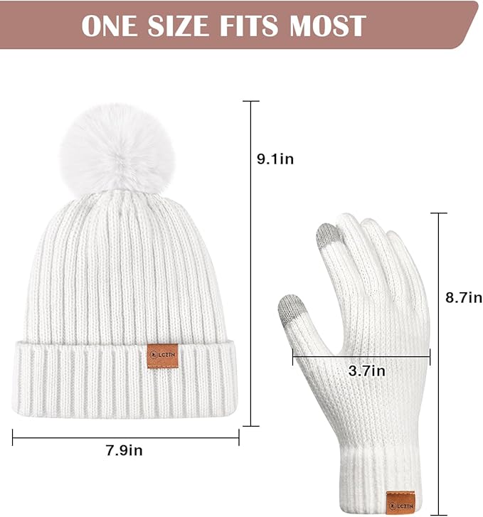 Womens Winter Beanie Hat Gloves Set,Fleece Lined Warm Knit Pom Pom Ski Hat Touchscreen Gloves Set Gifts for Cold Weather