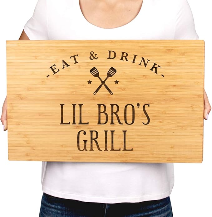 Andaz Press Large Bamboo Wood BBQ Cutting Board Gift, 17.75 x 11-inch, Lil Bro's Grill, 1-Pack, Laser Engraved Serving Chopping Board Christmas Birthday Chef Kitchen Ideas