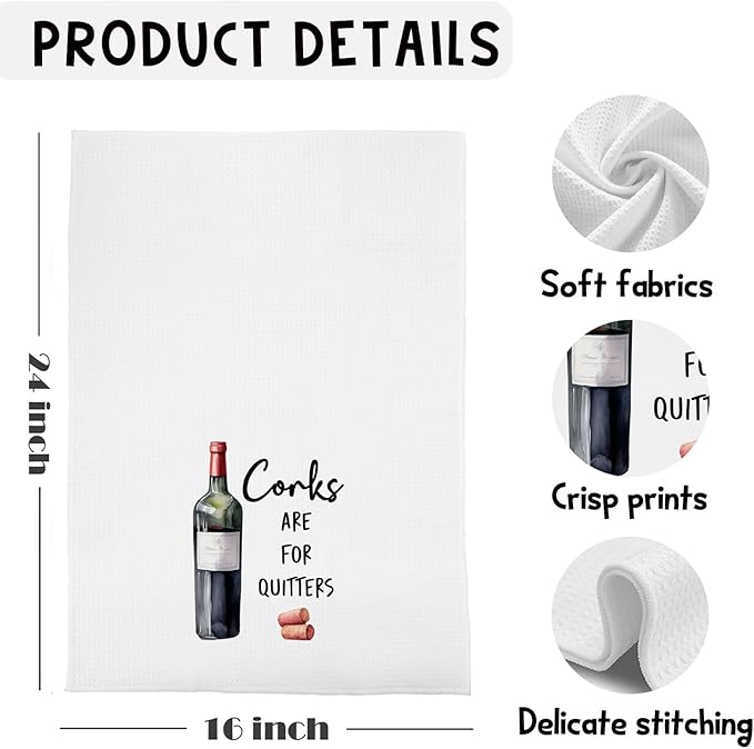 Corks are for Quitters Funny Wine Kitchen Towels, Dish Tea Towels for Home Bar Decor, Wine Kitchen Decor, Funny Saying Decorative,16x24 Inches