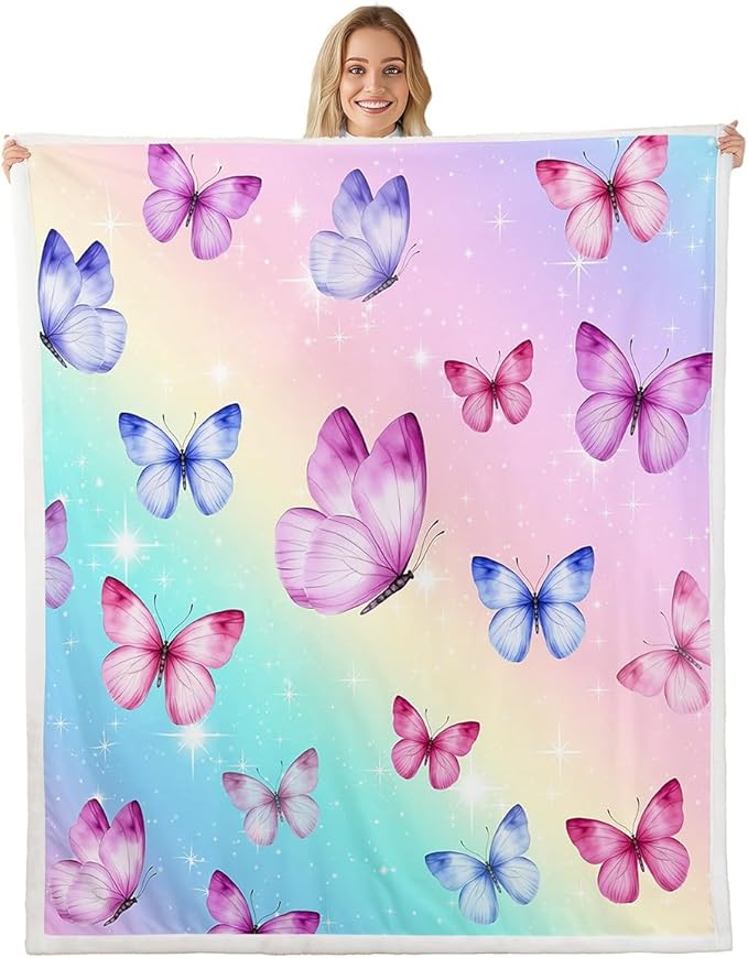 Feelyou Girls Butterfly Fleece Throw Blanket Queen 90"x90" Kids Rainbow Sherpa Blanket Plush Fuzzy for Bed Couch Chair Living Room, Beautiful Butterflies Bed Blanket Room Decor