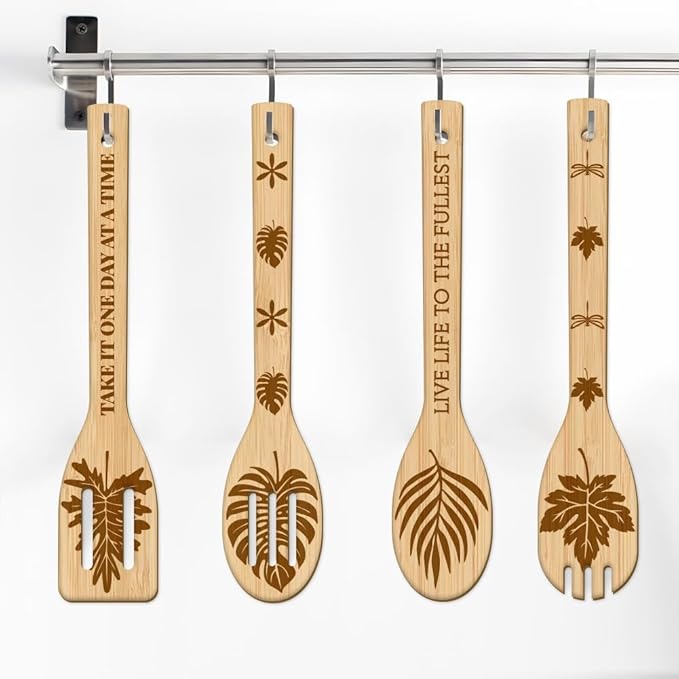 GLOBLELAND 6Pcs Leaves Bamboo Cooking Utensils Wooden Monstera Ginkgo Maple Engraved Cooking Spoons Spatula for Women and Men Wood Cooking Spoon for Kitchen House Warming Gift