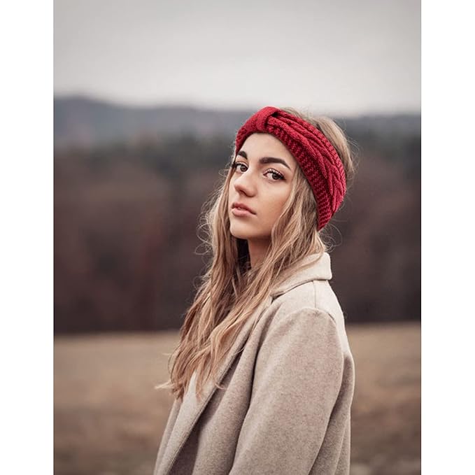 AQOKKA Knit Winter Headbands for Women Fuzzy Wool Fleece Lined Ear Warmers Elastic Turban Crocheted Head Wrap Winter Accessories for Women Cold Weather