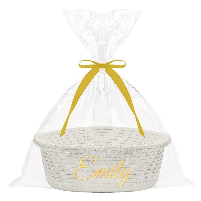 HUTARIO Personalized Woven Basket Embroidered Name with Gift Bags and Ribbons,Empty Small Rope Basket，Durable Storage Custom White Basket with Handles for Baby Showers or Christmas,12"×8"×5"