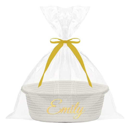 HUTARIO Personalized Woven Basket Embroidered Name with Gift Bags and Ribbons,Empty Small Rope Basket，Durable Storage Custom White Basket with Handles for Baby Showers or Christmas,12"×8"×5"