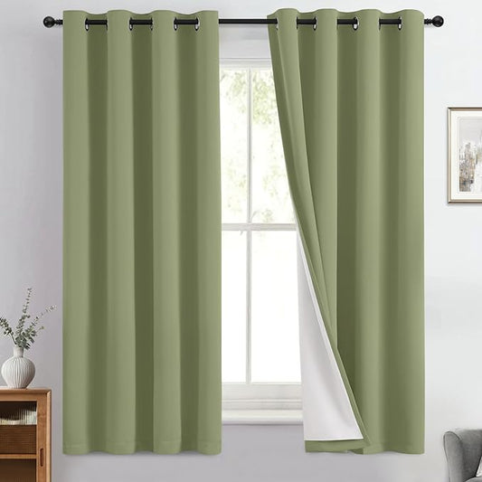 Yakamok 100% Blackout Curtain Panels 63 inches Cold and Light Blocking Drapes for Nursery, 2 Thick Layers Thermal Insulated Draperies (2 Pieces, 50 Wide Each Panel, Sage Front with White Backing)