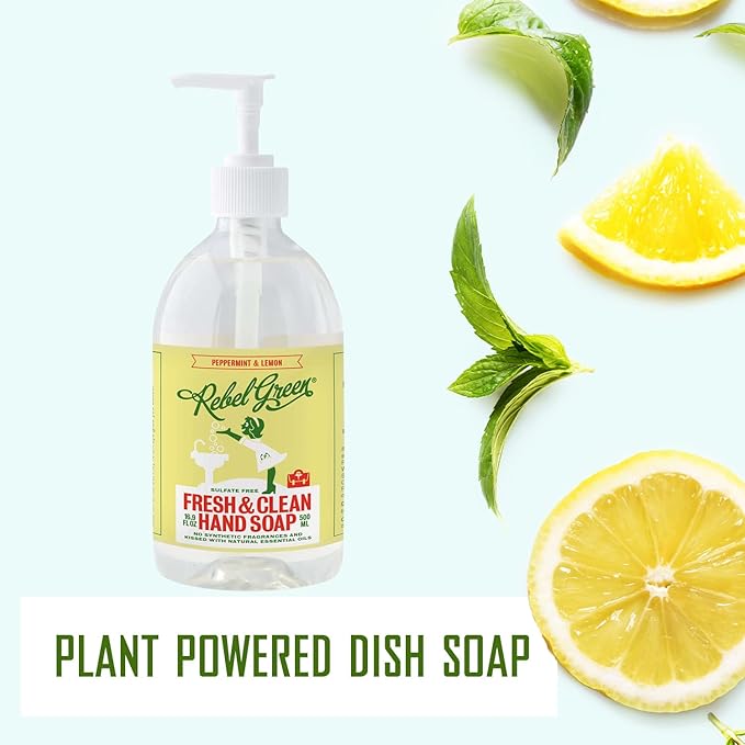 Rebel Green Liquid Hand Soap - Moisturizing Natural Bathroom & Kitchen Liquid Soap - Gentle Household Hand Wash (Peppermint and Lemon, 16.90 Fl Oz (Pack of 4))