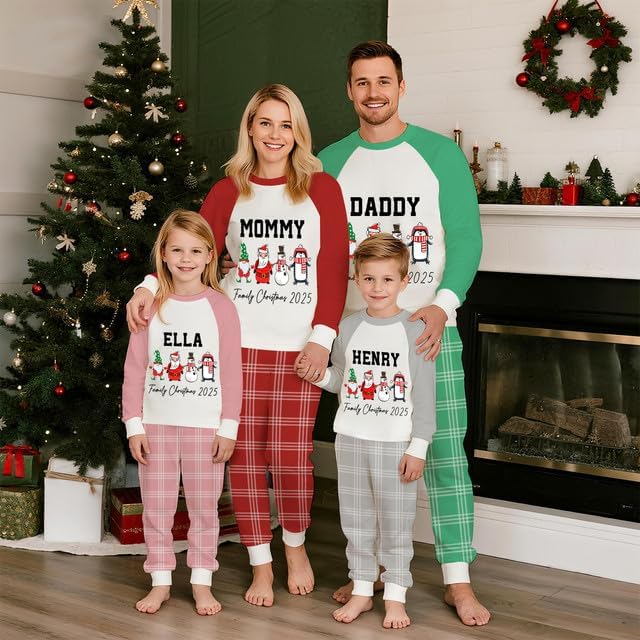 Personalized Family Christmas Pajamas Matching Sets 2025, Custom Xmas pjs, Long Sleeve Raglan Top Plaid Pant