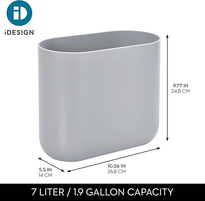 iDesign Cade Oval Slim Trash, Compact Basket Garbage Bathroom, Bedroom, Home Office, Dorm, College, Waste Can, Gray
