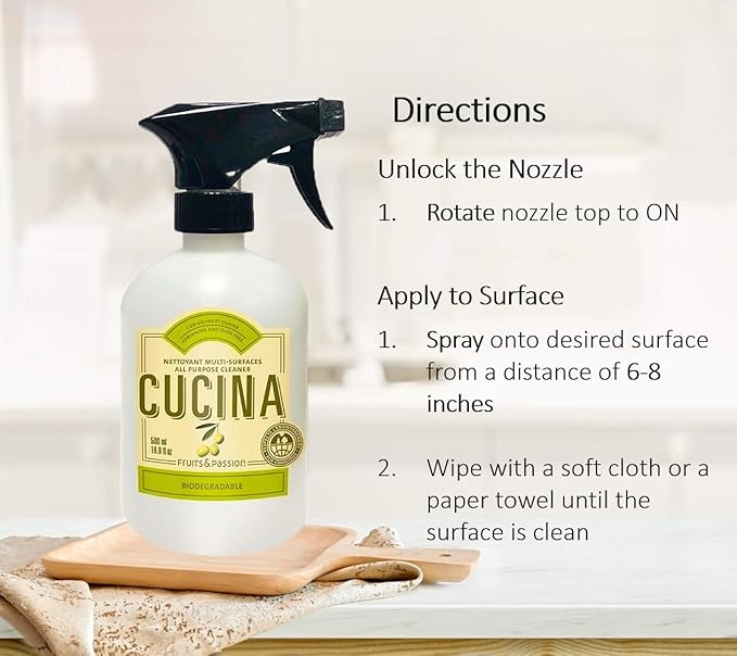Fruits and passion Cucina Biodegradable Water Based All Purpose Cleaner Household Multi-Surface Spray 500 Milliliter (Coriander and Olive Tree)
