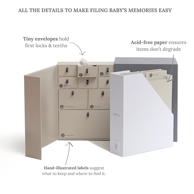 Savor I Baby Deluxe Box | Acid-Free Newborn Keepsake & Memory Organizer with 52 Labels, 9 Drawers, 8 File Folders | Gift for Pregnancy, Mother’s Day, Baby Shower, Slate No Customization